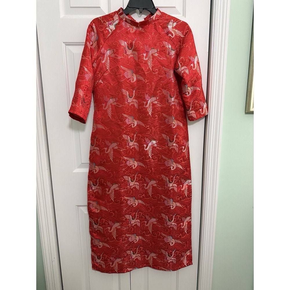 Vtg Red Heron Crane Silk Embroidery‎ Cheongsam Dress Chinese Mandarin Qipao Sz M